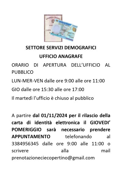 ORARIO SPORTELLO UFFICIO ANAGRAFE