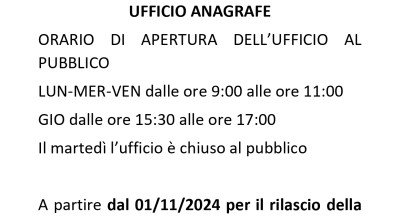 ORARIO SPORTELLO UFFICIO ANAGRAFE